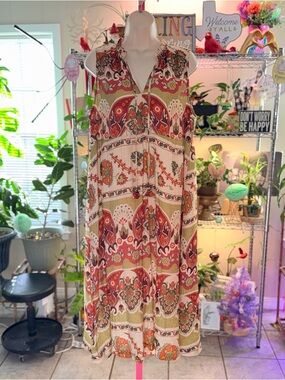 Umgee Sz M Boho Floral Sleeveless Midi Dress in Olive and Rust